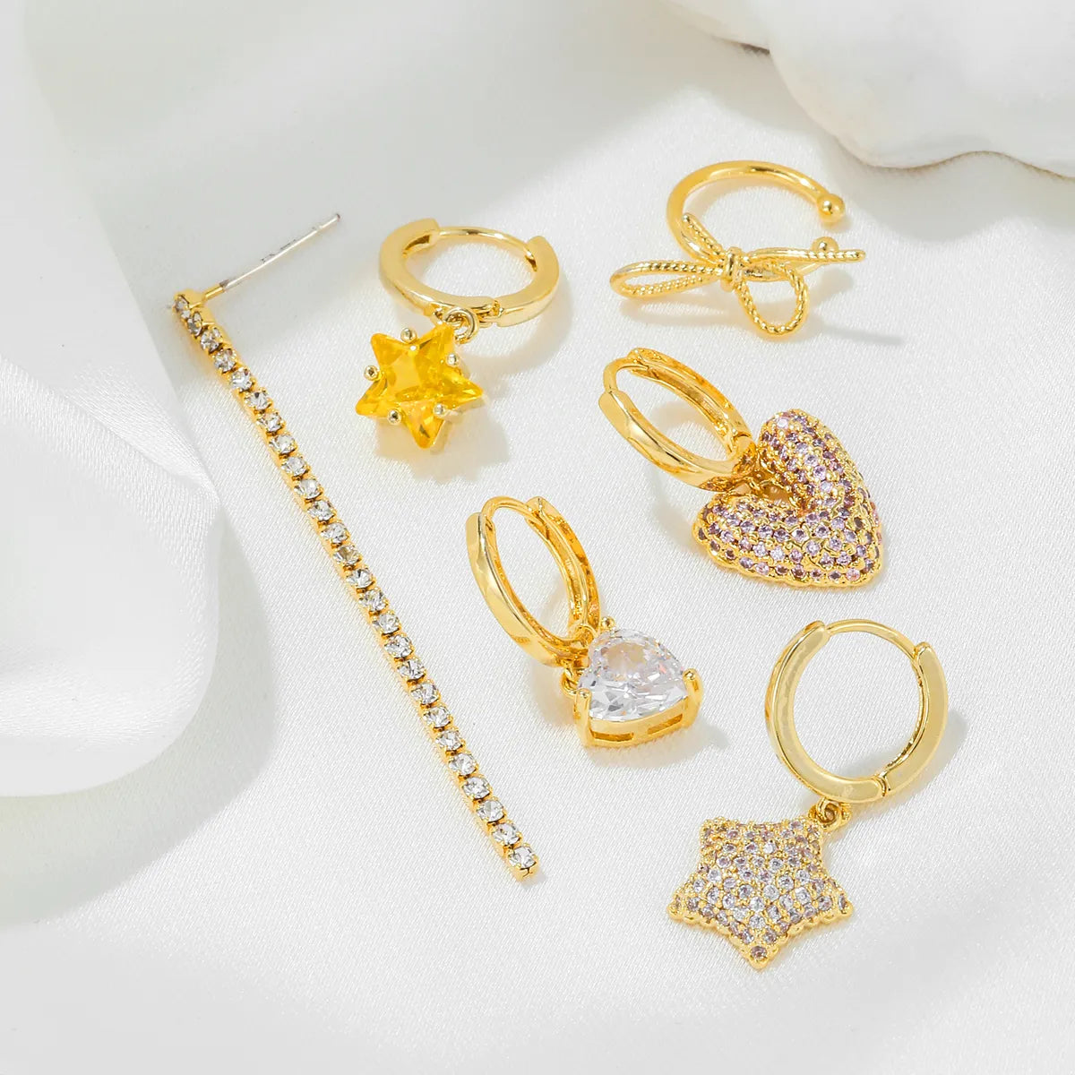 1 Set Cute Sweet Star Moon Heart Shape Plating Inlay Brass Zircon 18k Gold Plated Silver Plated Drop Earrings