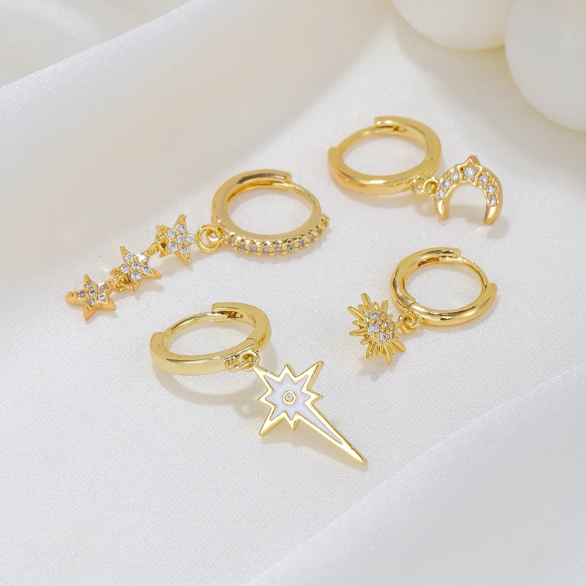 1 Set Cute Sweet Star Moon Plating Inlay Brass Zircon 18k Gold Plated Silver Plated Drop Earrings