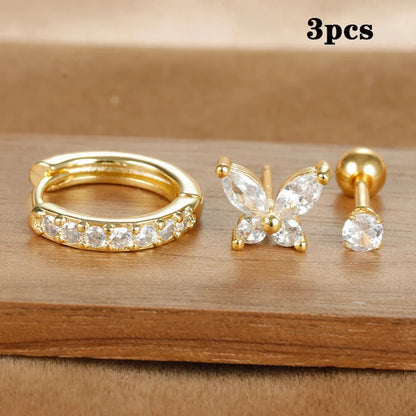 1 Set Ear Cartilage Rings & Studs Retro Simple Style IG Style Butterfly 304 Stainless Steel Inlay Zircon 14K Gold Plated Ear Cartilage Rings & Studs