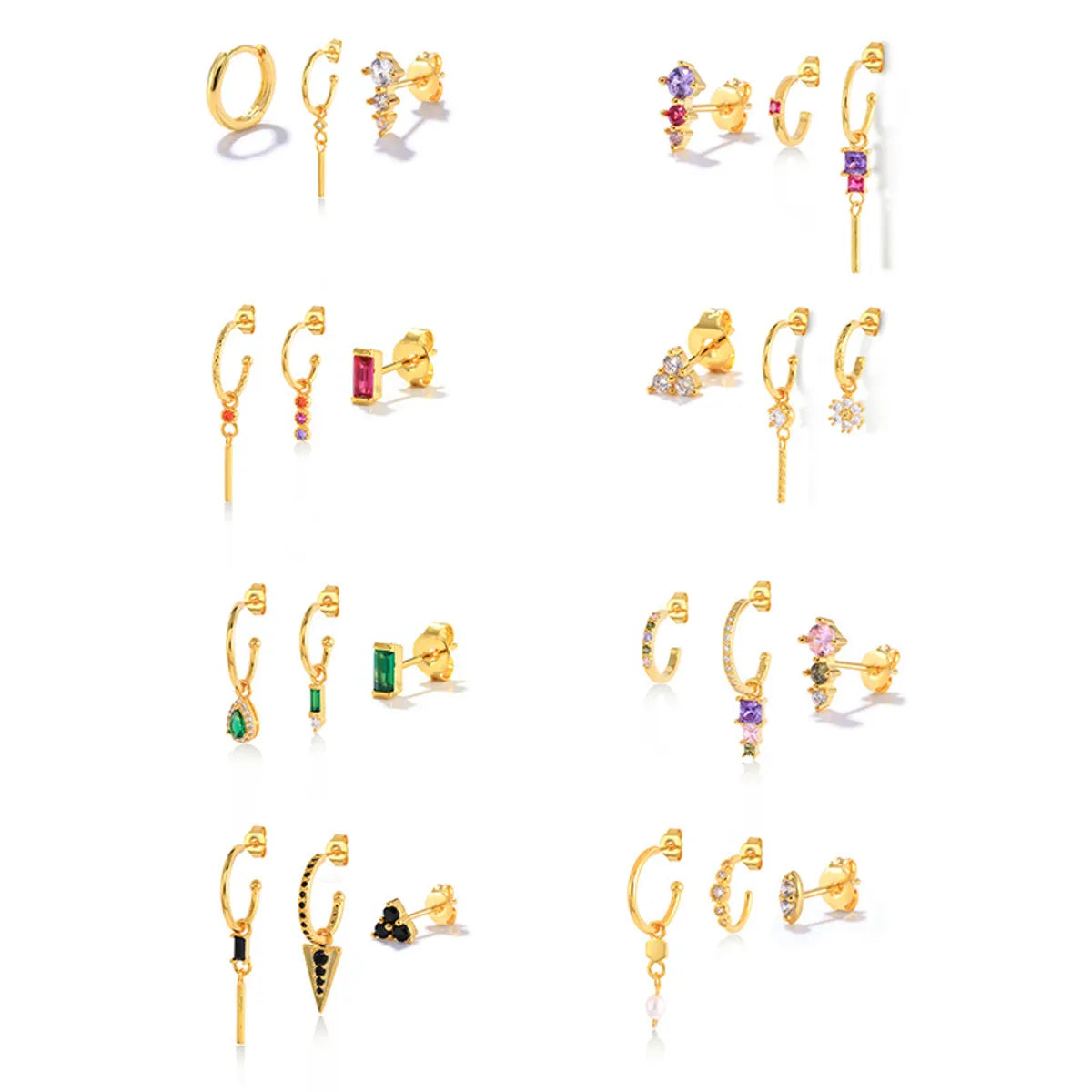 1 Set Elegant Geometric Color Block Plating Inlay Copper Artificial Gemstones Ear Studs