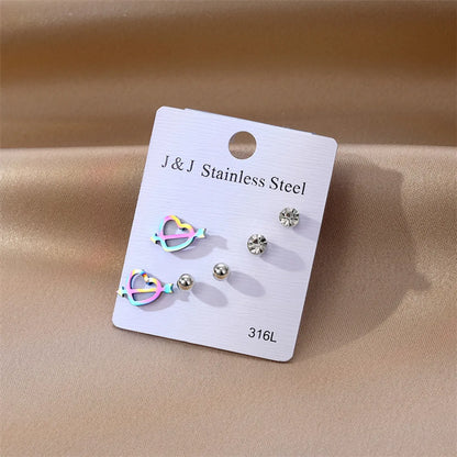 1 Set Elegant Gradient Color Heart Shape Stainless Steel Inlay Zircon Ear Studs