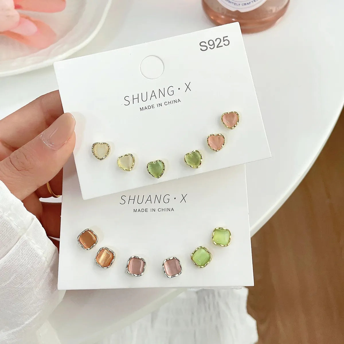 1 Set Elegant Lady Geometric Inlay Alloy Opal Ear Studs