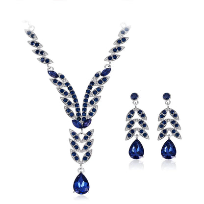 1 Set Elegant Leaf Water Droplets Alloy Glass Inlay Rhinestones Women's Earrings Necklace