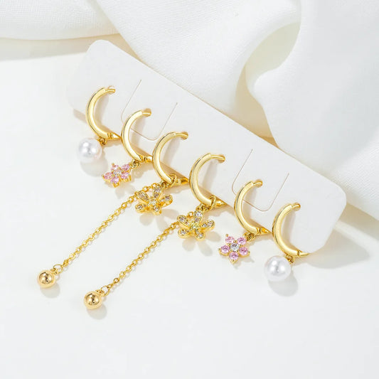 1 Set Elegant Simple Style Tassel Pearl Flower Plating Inlay Brass Zircon 18k Gold Plated Earrings