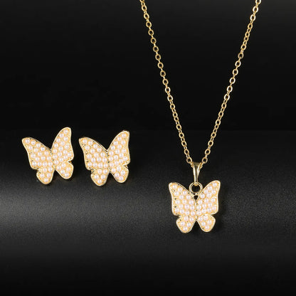 1 Set Elegant Tree Cherry Butterfly Alloy Plating Artificial Pearls 18k Gold Plated Women'S Earrings Necklace