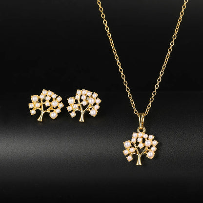 1 Set Elegant Tree Cherry Butterfly Alloy Plating Artificial Pearls 18k Gold Plated Women'S Earrings Necklace