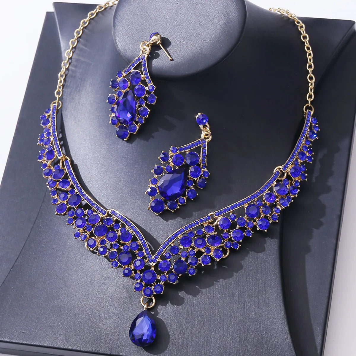 1 Set Elegant Water Droplets Alloy Rhinestone Women's Earrings Necklace