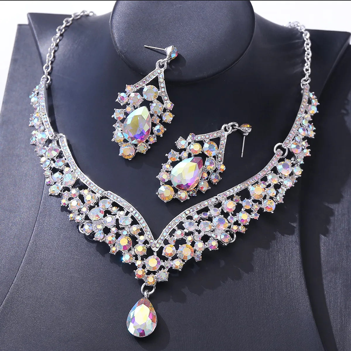 1 Set Elegant Water Droplets Alloy Rhinestone Women's Earrings Necklace