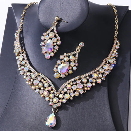 1 Set Elegant Water Droplets Alloy Rhinestone Women's Earrings Necklace