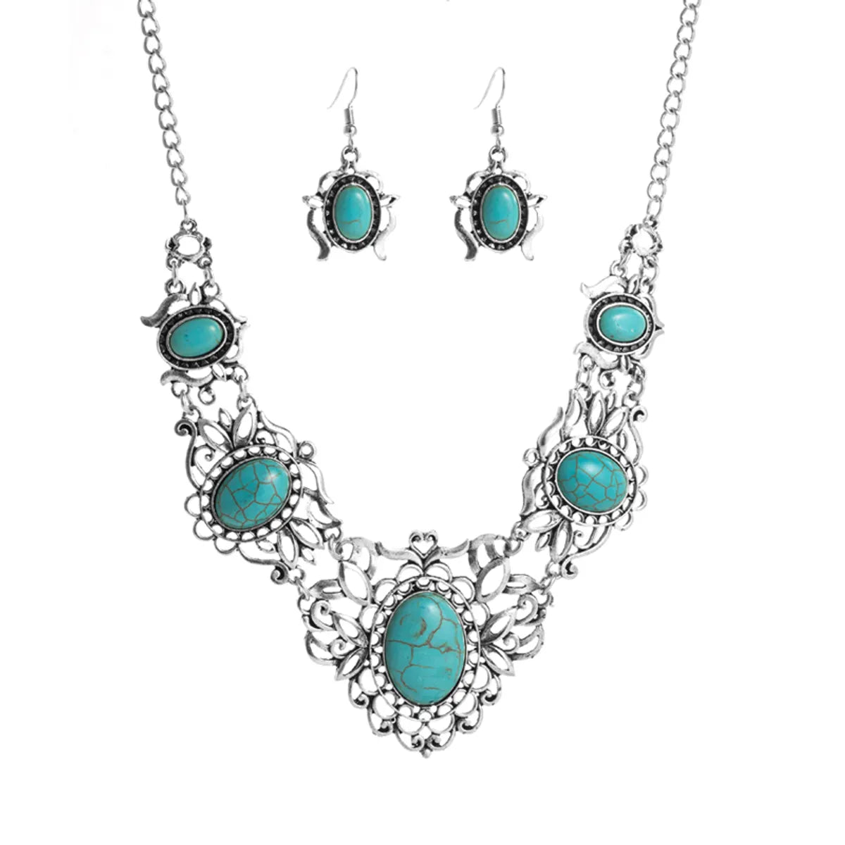 1 Set Ethnic Style Oval Alloy Inlay Turquoise Women'S Earrings Necklace