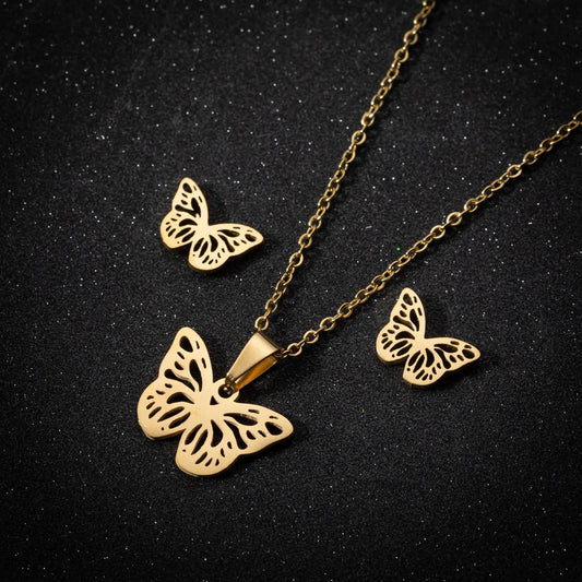 Wholesale Jewelry Fashion Butterfly 201 Stainless Steel 18K Gold Plated Plating Earrings Necklace