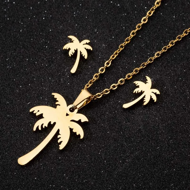 Wholesale Jewelry Fashion Coconut Tree 201 Stainless Steel 18K Gold Plated Earrings Necklace