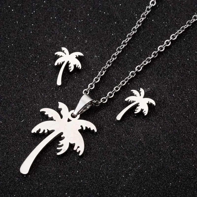 Wholesale Jewelry Fashion Coconut Tree 201 Stainless Steel 18K Gold Plated Earrings Necklace