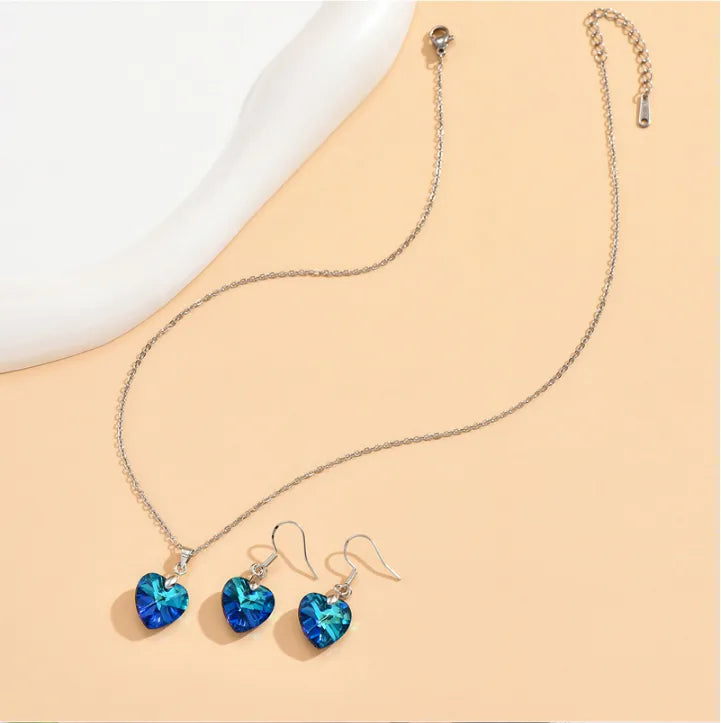 1 Set Fashion Heart Shape Alloy Inlay Artificial Crystal Women'S Earrings Necklace Jewelry Set