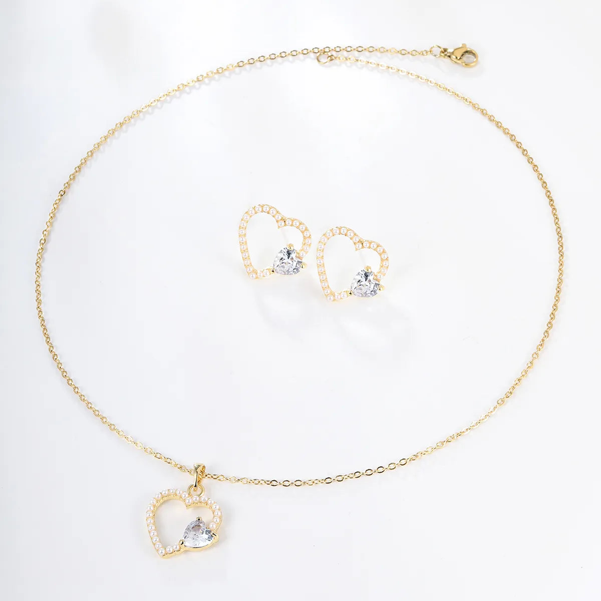 1 Set Fashion Heart Shape Alloy Plating Artificial Pearls Zircon 18k Gold Plated Unisex Earrings Necklace