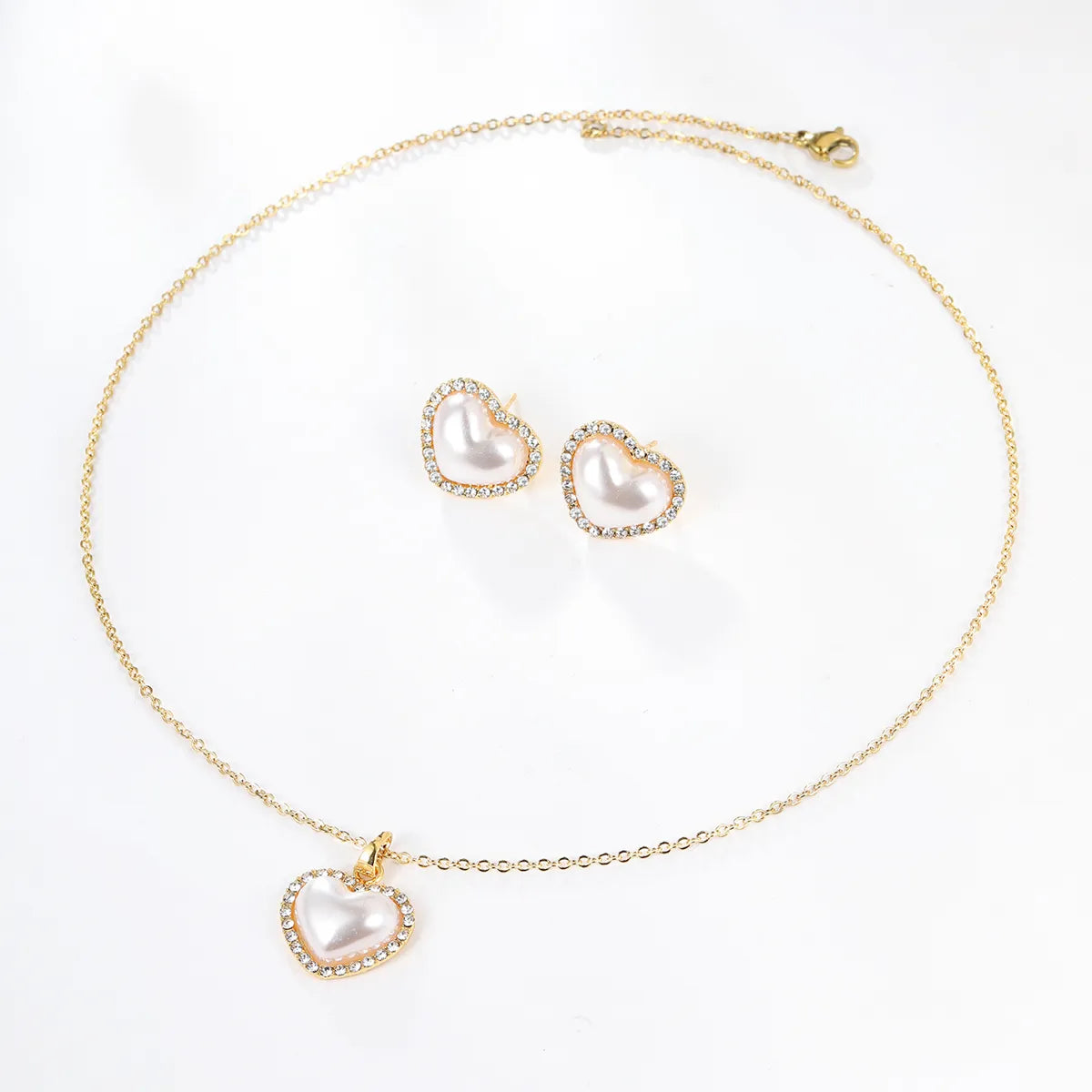 1 Set Fashion Heart Shape Alloy Plating Artificial Pearls Zircon 18k Gold Plated Unisex Earrings Necklace