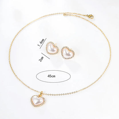 1 Set Fashion Heart Shape Alloy Plating Artificial Pearls Zircon 18k Gold Plated Unisex Earrings Necklace