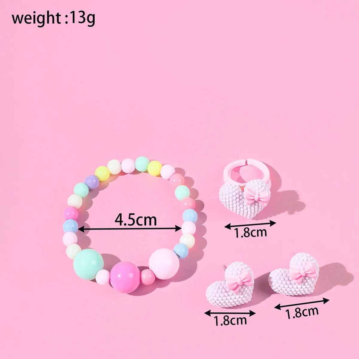 1 Set Fashion Heart Shape Plastic Beaded Girl's Rings Earrings Necklace