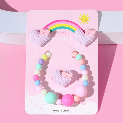 1 Set Fashion Heart Shape Plastic Beaded Girl's Rings Earrings Necklace