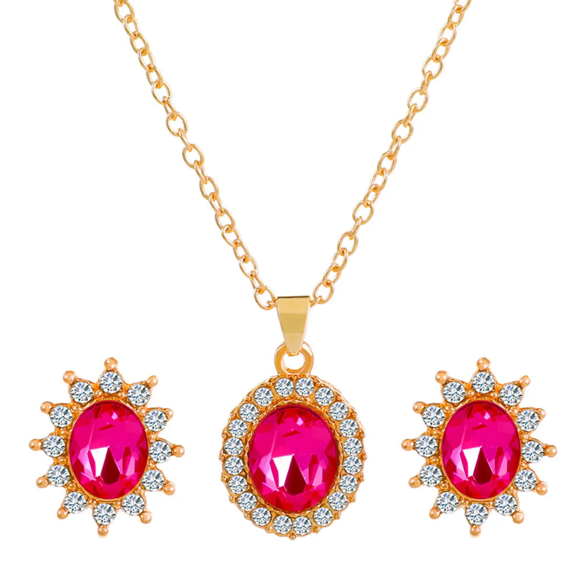 1 Set Fashion Oval Water Droplets Copper Inlay Artificial Rhinestones Zircon Women's Earrings Necklace