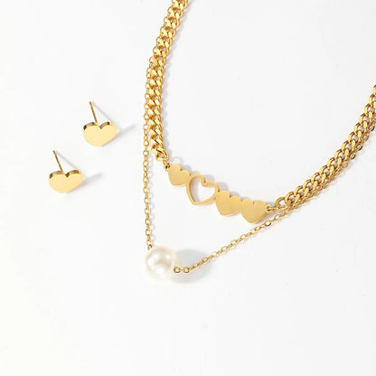 1 Set Fashion Round Heart Shape Stainless Steel Inlay Shell Earrings Necklace