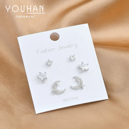 1 Set Fashion Star Moon Copper Inlay Zircon Ear Studs