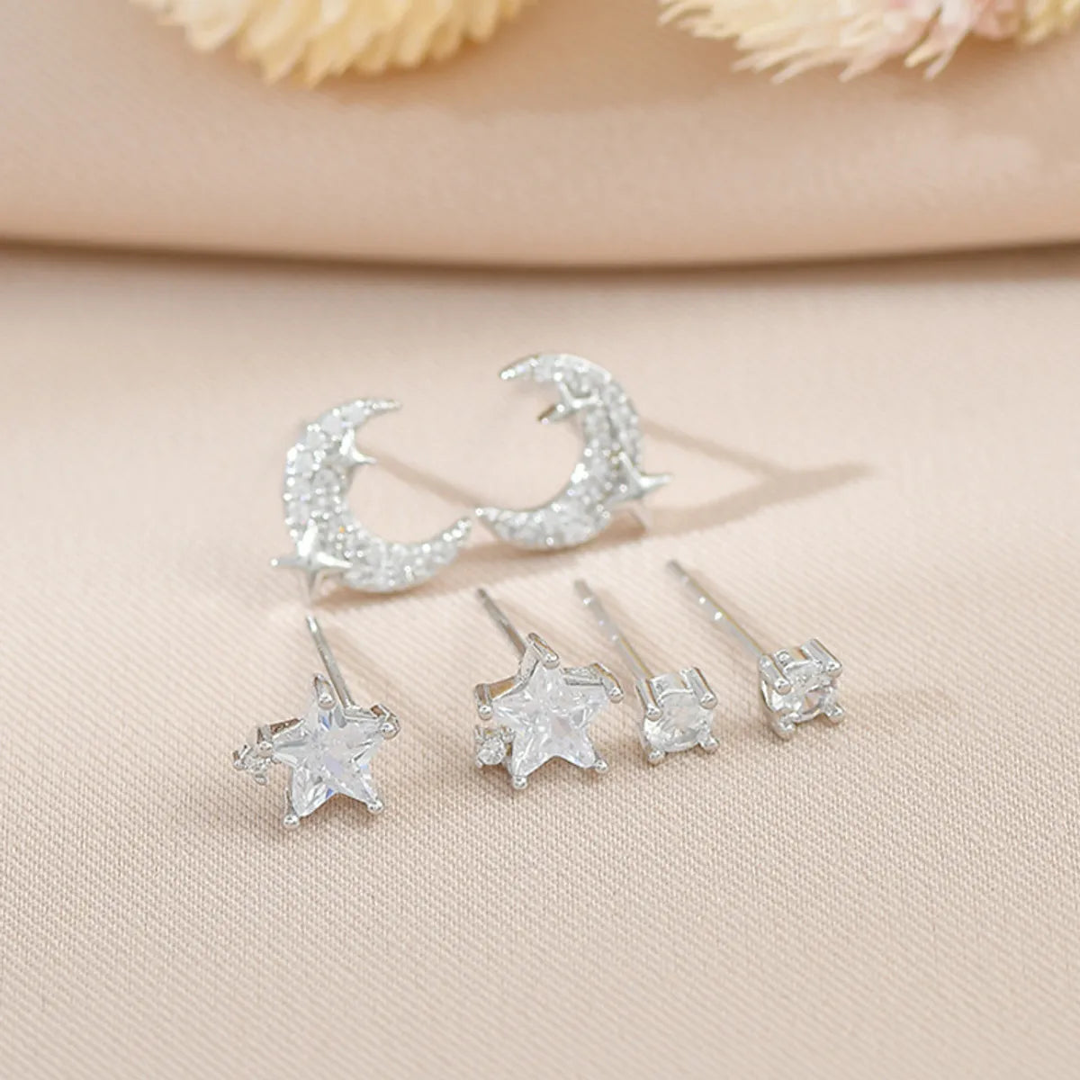 1 Set Fashion Star Moon Copper Inlay Zircon Ear Studs