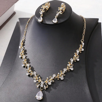 1 Set Fashion Water Droplets Alloy Rhinestone Women'S Earrings Necklace