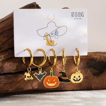 1 Set Gothic Funny Pumpkin Bat Enamel Plating Hollow Out Stainless Steel 14k Gold Plated Drop Earrings