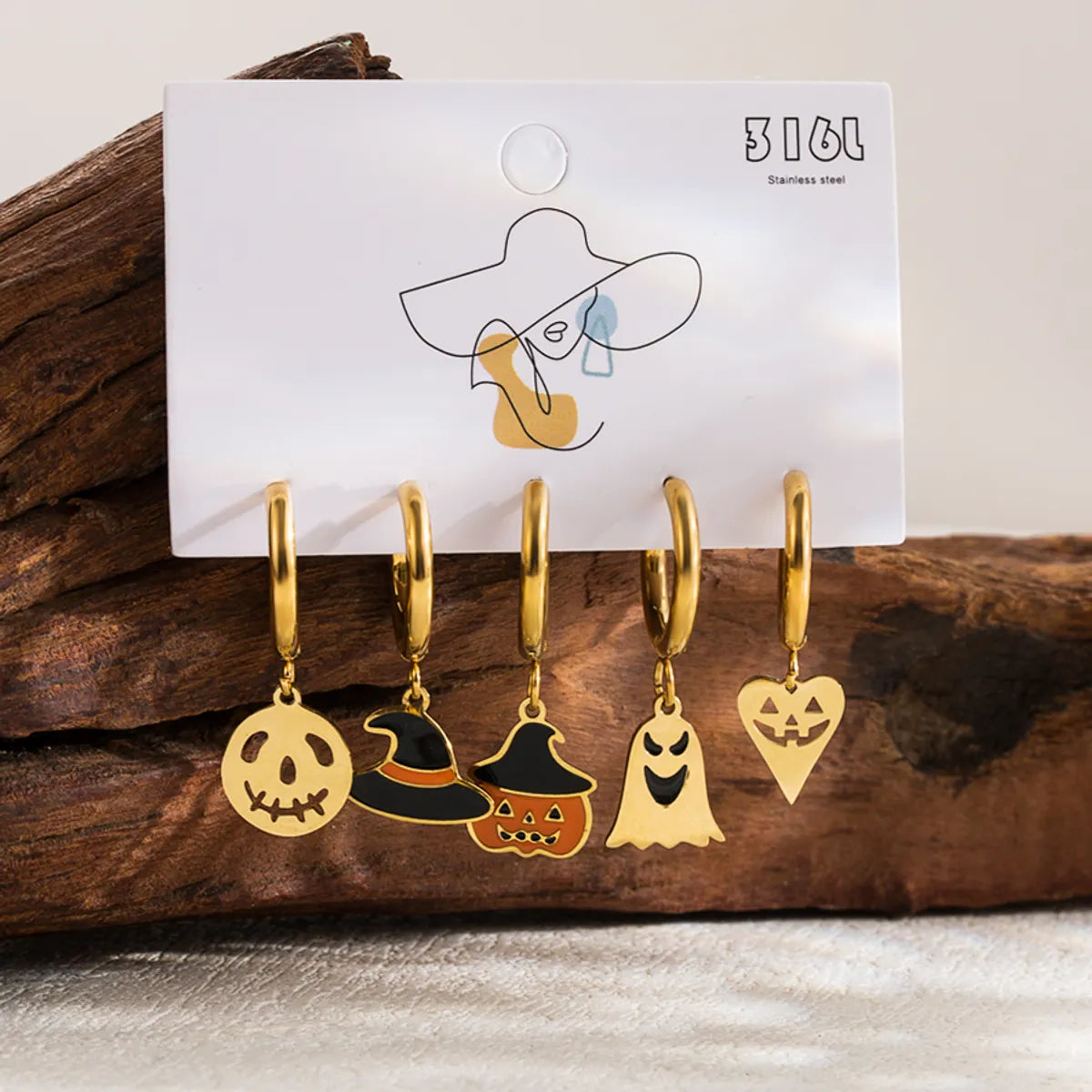 1 Set Gothic Funny Pumpkin Bat Enamel Plating Hollow Out Stainless Steel 14k Gold Plated Drop Earrings