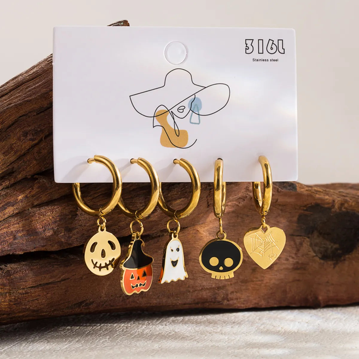 1 Set Gothic Funny Streetwear Pumpkin Bat Enamel Hollow Out Stainless Steel 14k Gold Plated Drop Earrings