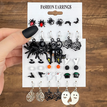 1 Set Hip-Hop Funny Halloween Pattern Pumpkin Spider Web Plating Alloy Drop Earrings Ear Studs