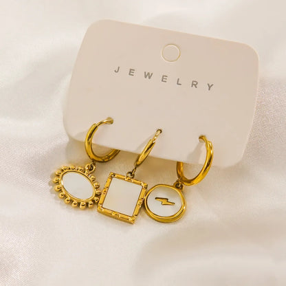 1 Set IG Style Retro Geometric Inlay Stainless Steel Shell 14K Gold Plated Drop Earrings