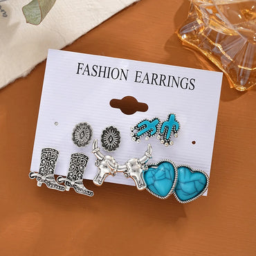 1 Set IG Style Vintage Style Exaggerated Cactus Cattle Boots Inlay Alloy Turquoise Ear Studs