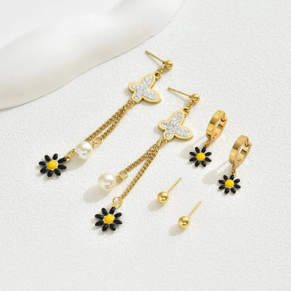 1 Set Japanese Style Sweet Pastoral Butterfly Daisy Enamel Inlay 201 Stainless Steel Plastic Rhinestones 18K Gold Plated Drop Earrings