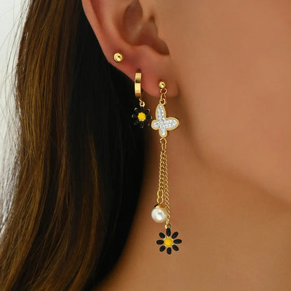 1 Set Japanese Style Sweet Pastoral Butterfly Daisy Enamel Inlay 201 Stainless Steel Plastic Rhinestones 18K Gold Plated Drop Earrings