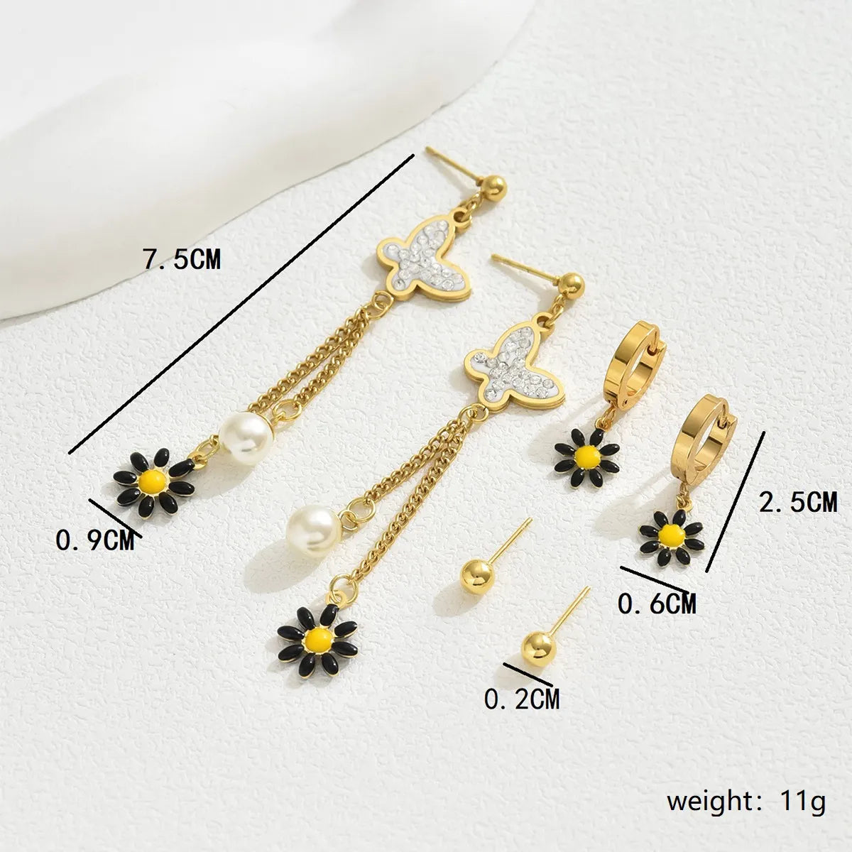 1 Set Japanese Style Sweet Pastoral Butterfly Daisy Enamel Inlay 201 Stainless Steel Plastic Rhinestones 18K Gold Plated Drop Earrings