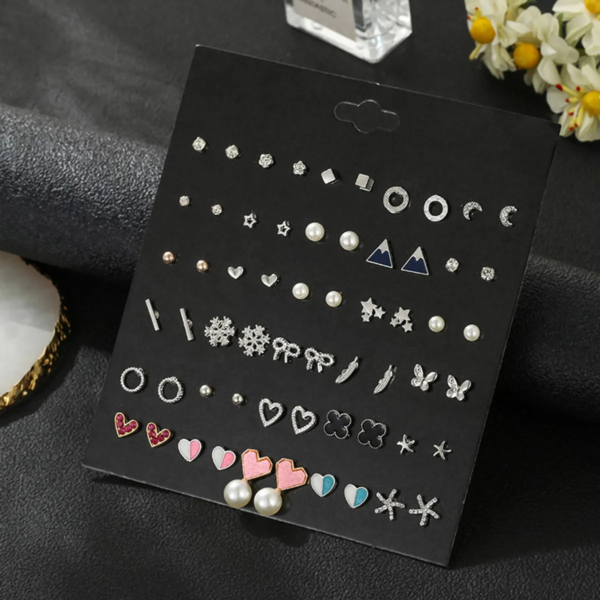 1 Set Lady Classic Style Heart Shape Flower Butterfly Inlay Alloy Artificial Gemstones Ear Studs