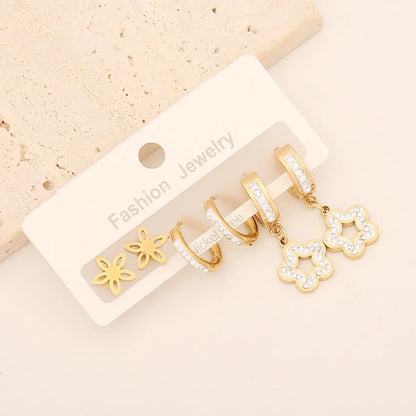 1 Set Lady Commute Letter Star Heart Shape Inlay Stainless Steel Zircon Earrings