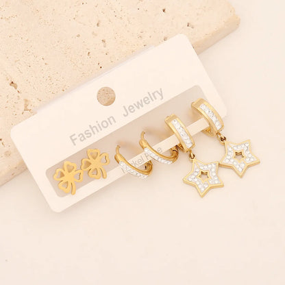 1 Set Lady Commute Letter Star Heart Shape Inlay Stainless Steel Zircon Earrings