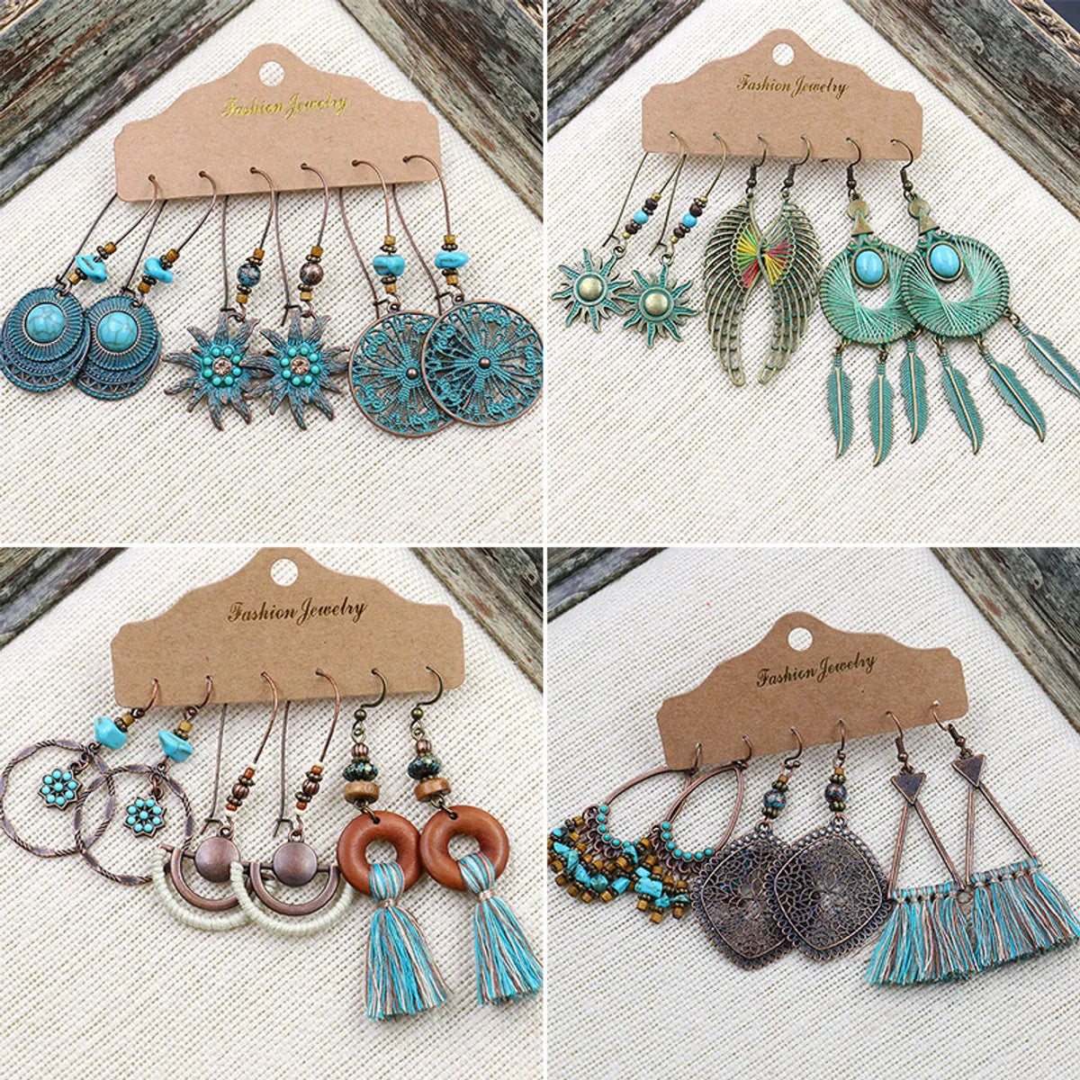 1 Set Retro Bohemian Round Water Droplets Flower Irregular Tassel Inlay Alloy Turquoise Drop Earrings