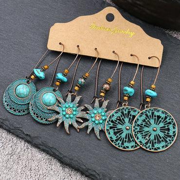 1 Set Retro Bohemian Round Water Droplets Flower Irregular Tassel Inlay Alloy Turquoise Drop Earrings