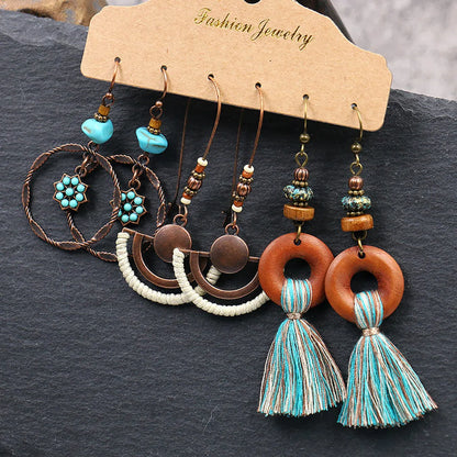 1 Set Retro Bohemian Round Water Droplets Flower Irregular Tassel Inlay Alloy Turquoise Drop Earrings