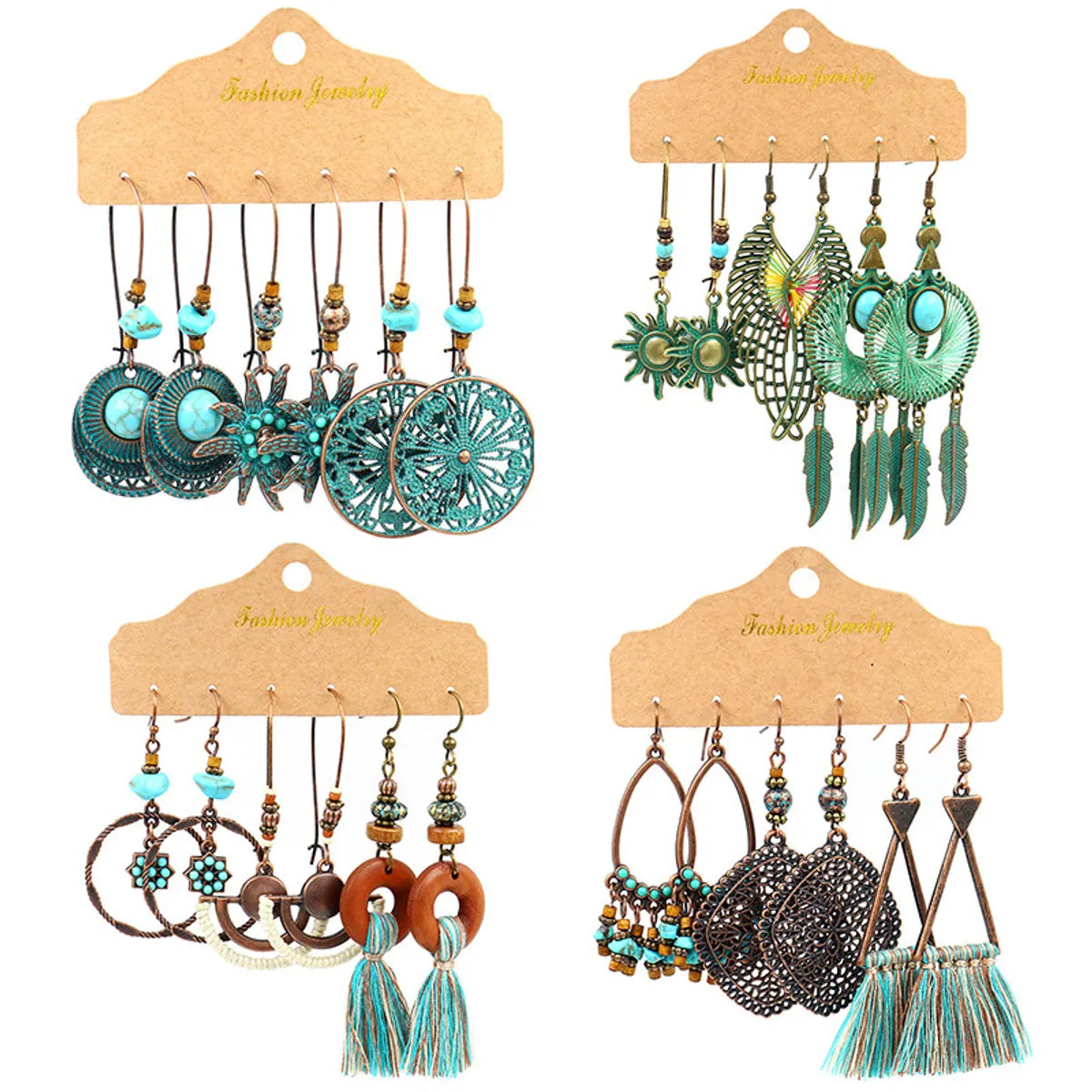 1 Set Retro Bohemian Round Water Droplets Flower Irregular Tassel Inlay Alloy Turquoise Drop Earrings