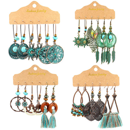 1 Set Retro Bohemian Round Water Droplets Flower Irregular Tassel Inlay Alloy Turquoise Drop Earrings