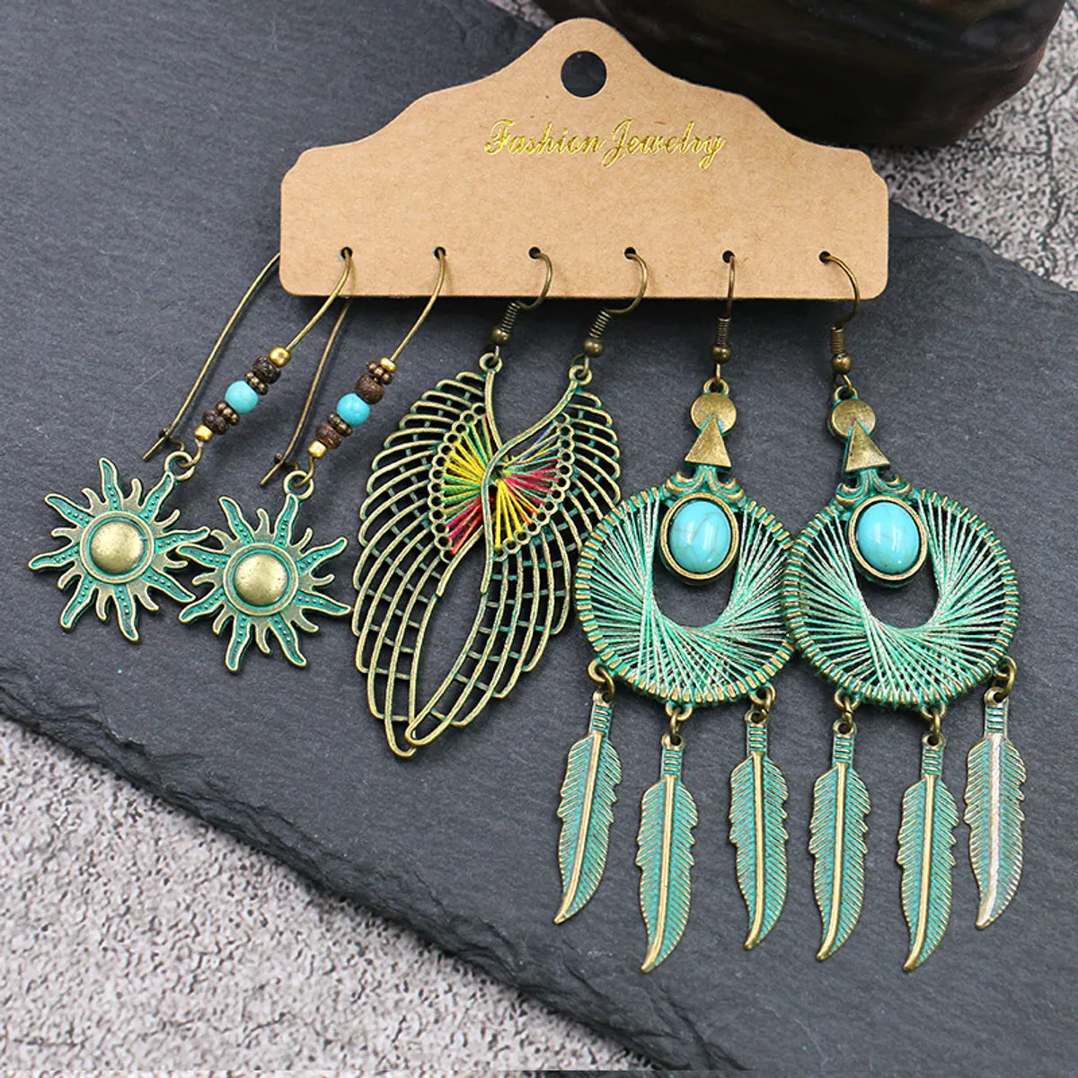 1 Set Retro Bohemian Round Water Droplets Flower Irregular Tassel Inlay Alloy Turquoise Drop Earrings