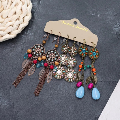 1 Set Retro Flower Alloy Turquoise Seed Bead Handmade Women'S Drop Earrings