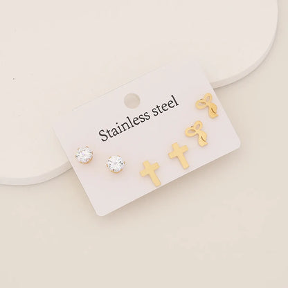 1 Set Simple Style Cross Heart Shape Butterfly Plating Inlay Stainless Steel Rhinestones Ear Studs