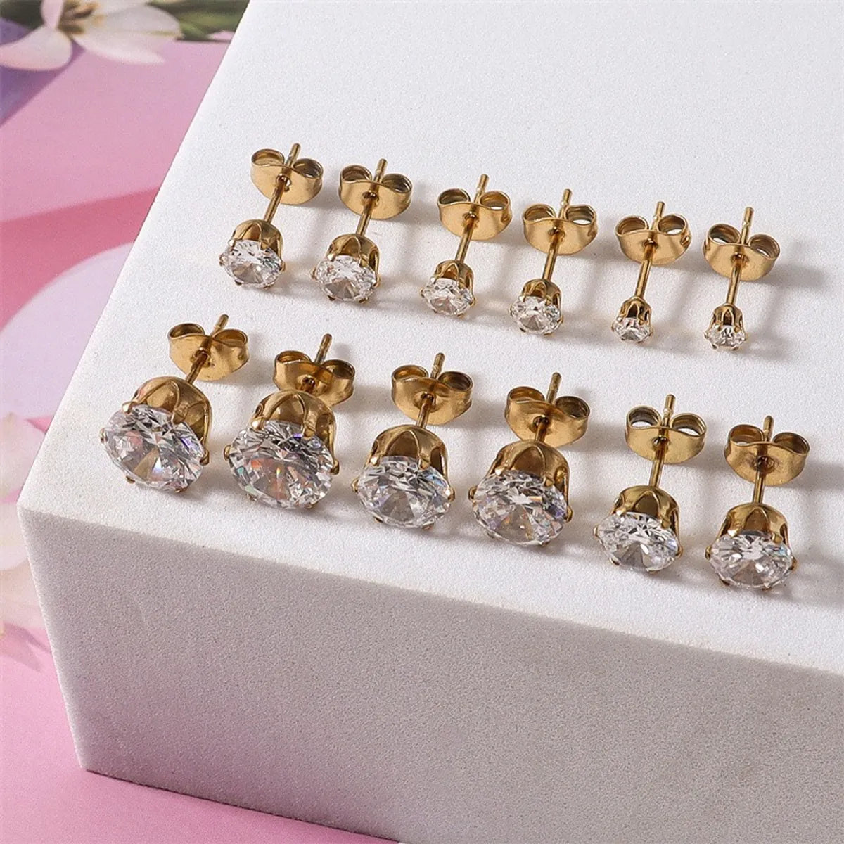 1 Set Simple Style Geometric Inlay Stainless Steel Zircon 18k Gold Plated White Gold Plated Ear Studs