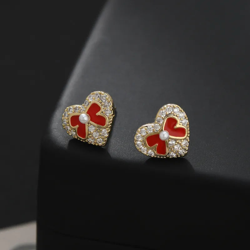 1 Set Simple Style Heart Shape Bow Knot Plating Inlay Copper Zircon Ear Studs